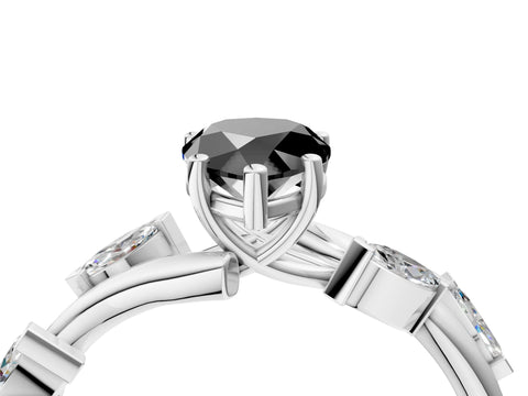 White gold Fancy Black Pear Cut Solitaire Twisted Band Marquise Accent Prong Setting Ring_4