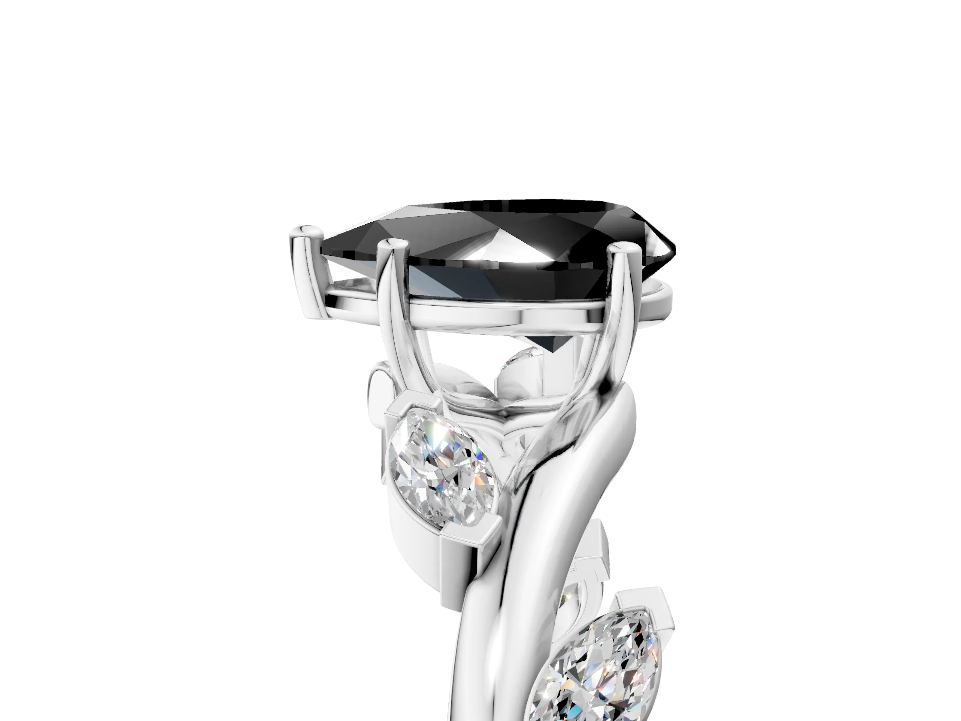 White gold Fancy Black Pear Cut Solitaire Twisted Band Marquise Accent Prong Setting Ring_5