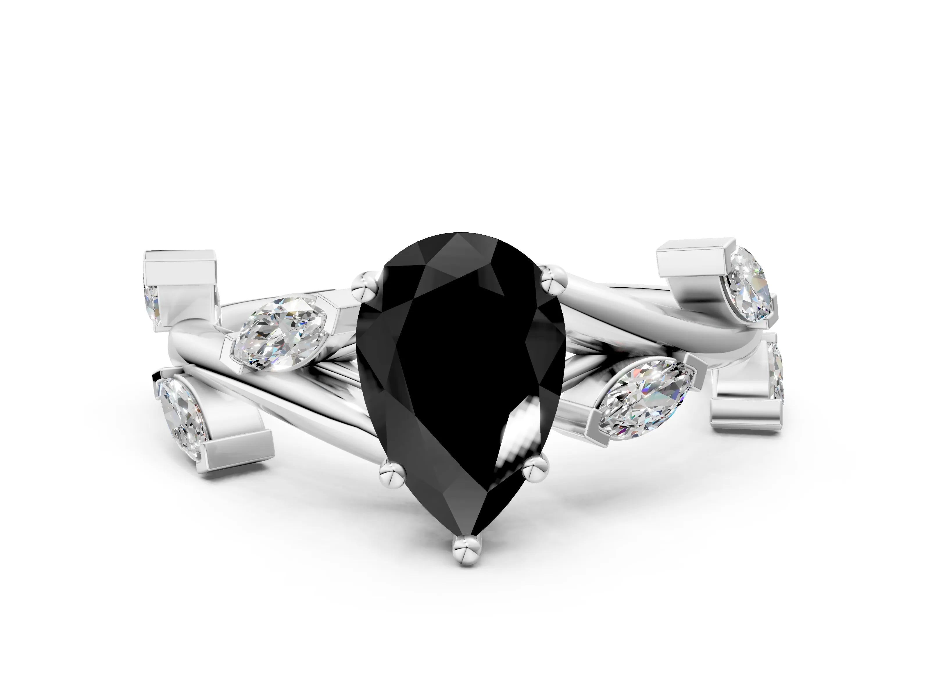 White gold Fancy Black Pear Cut Solitaire Twisted Band Marquise Accent Prong Setting Ring