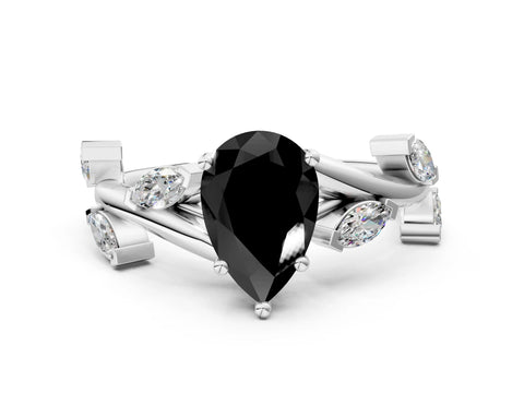 White gold Fancy Black Pear Cut Solitaire Twisted Band Marquise Accent Prong Setting Ring