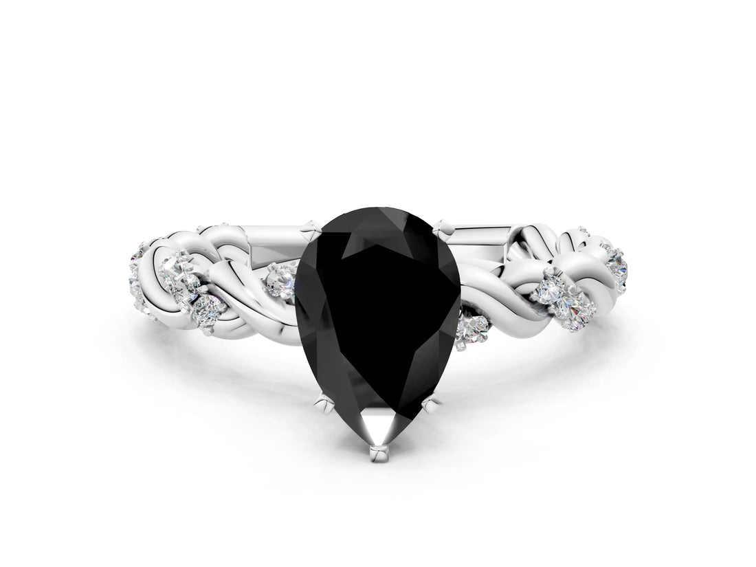 White gold Fancy Black Pear Cut Solitaire Twisted Band with Pavé Accents and Four-Prong Setting