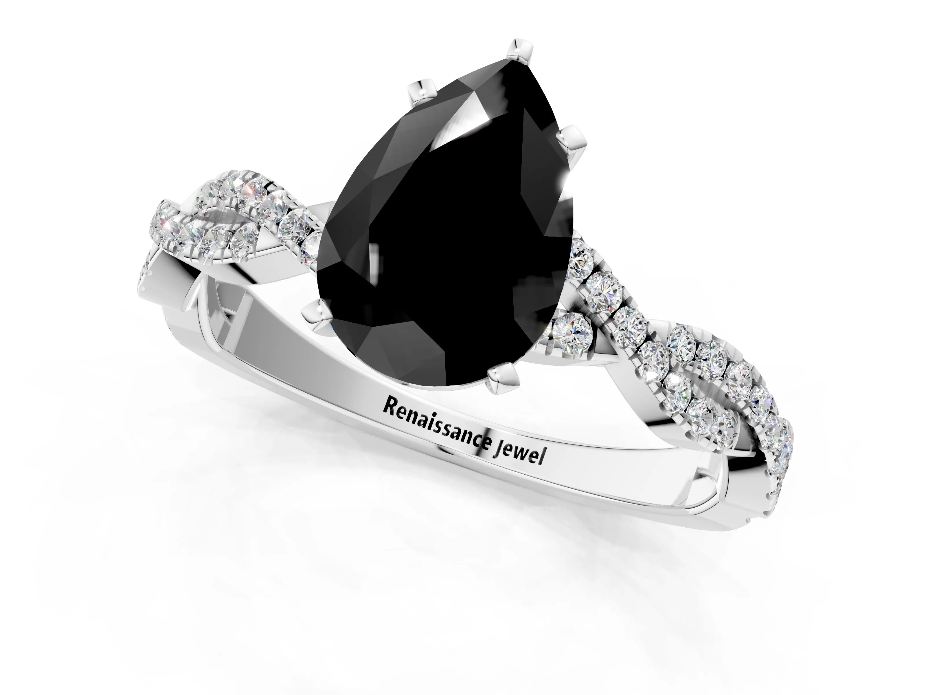 White gold Fancy Black Pear Cut Solitaire Twisted Pave Band with Four-Prong Setting_4