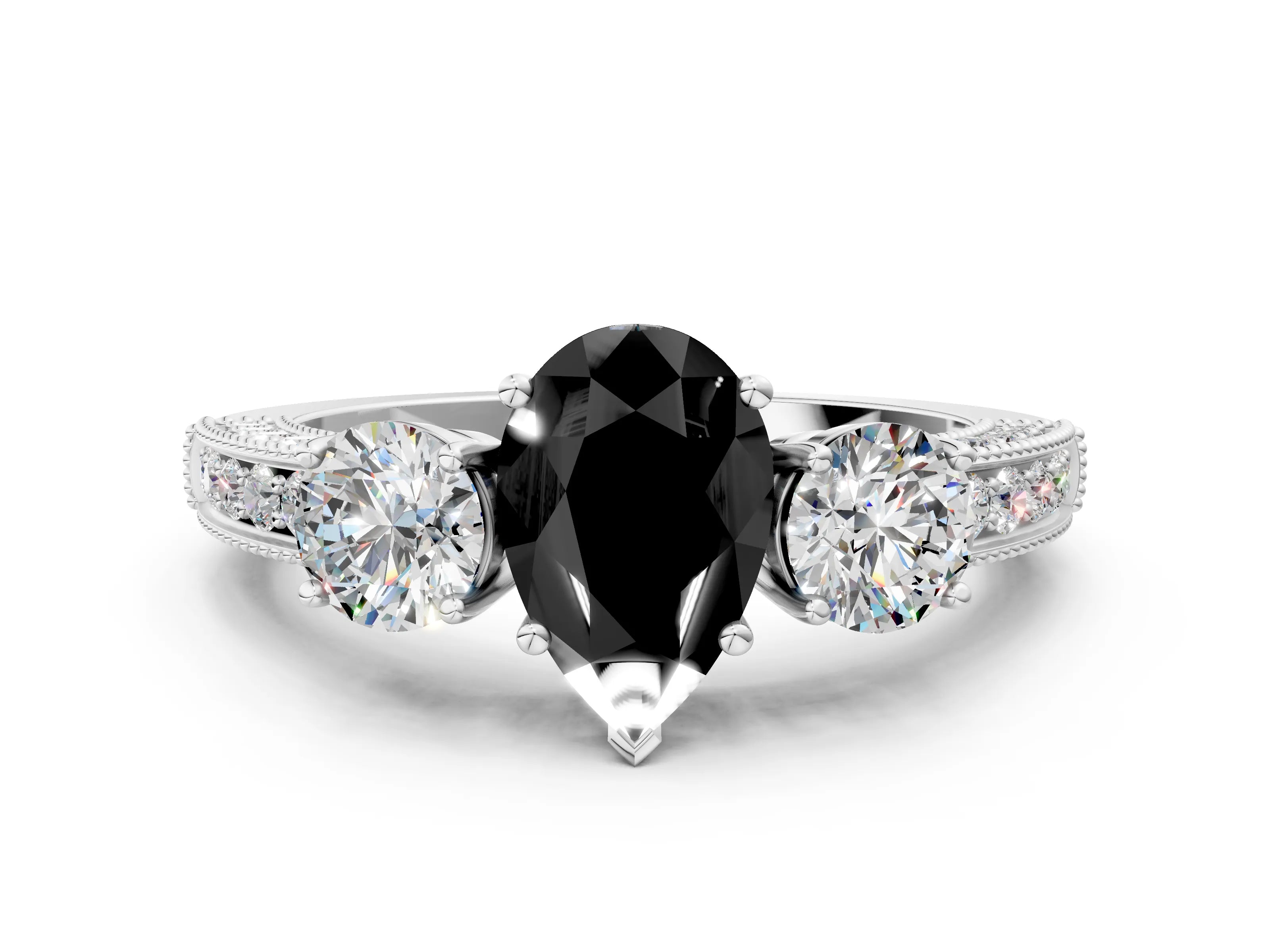 White gold Fancy Black Pear Cut Three-Stone Diamond Ring with Pavé Band and Four-Prong Setting