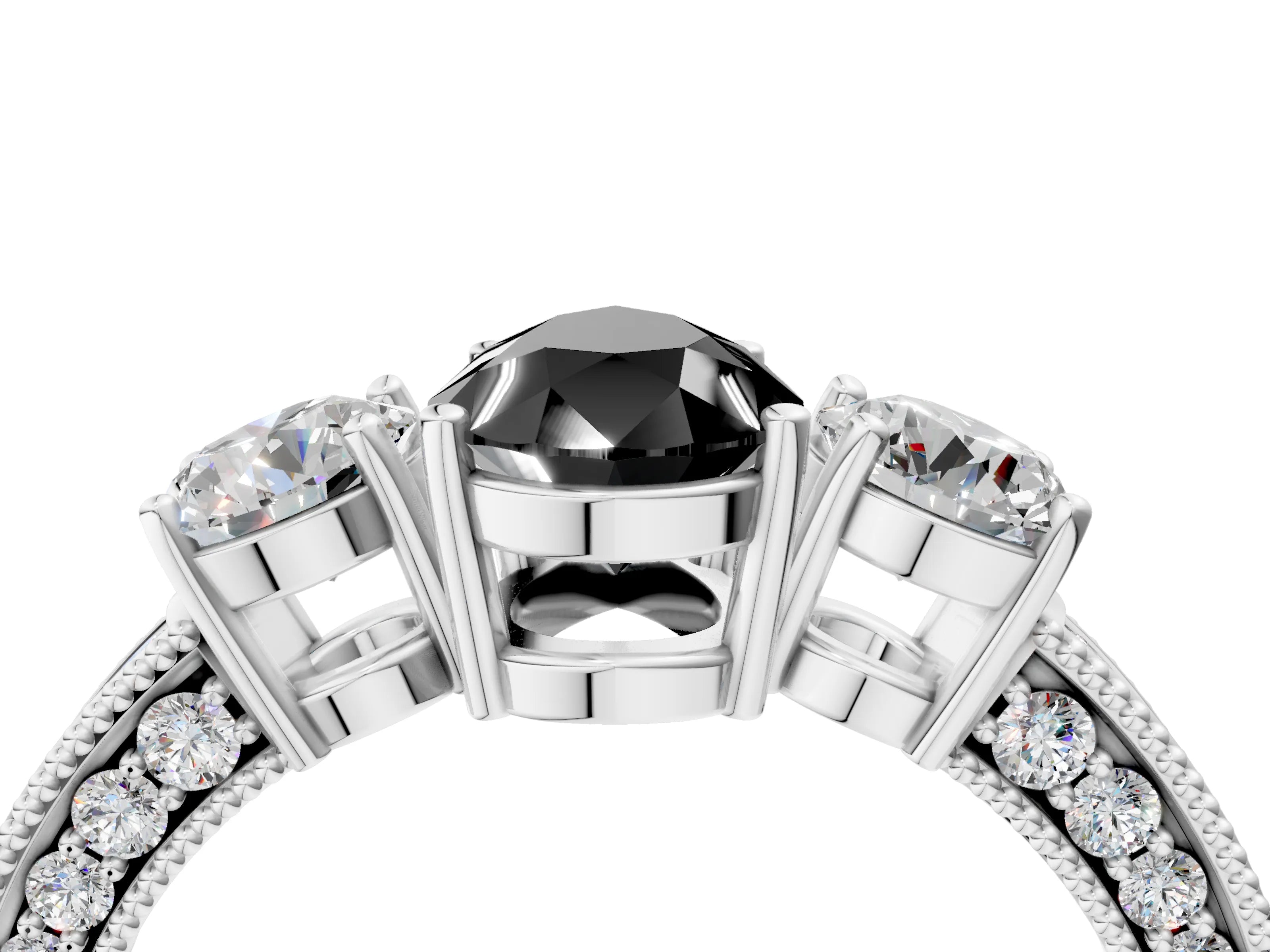 White gold Fancy Black Pear Cut Three-Stone Diamond Ring with Pavé Band and Four-Prong Setting_16