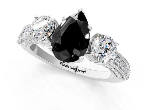 White gold Fancy Black Pear Cut Three-Stone Diamond Ring with Pavé Band and Four-Prong Setting_1