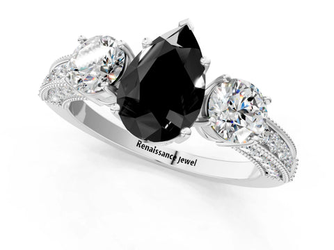 White gold Fancy Black Pear Cut Three-Stone Diamond Ring with Pavé Band and Four-Prong Setting_23