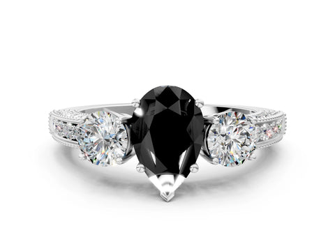 White gold Fancy Black Pear Cut Three-Stone Diamond Ring with Pavé Band and Four-Prong Setting_24