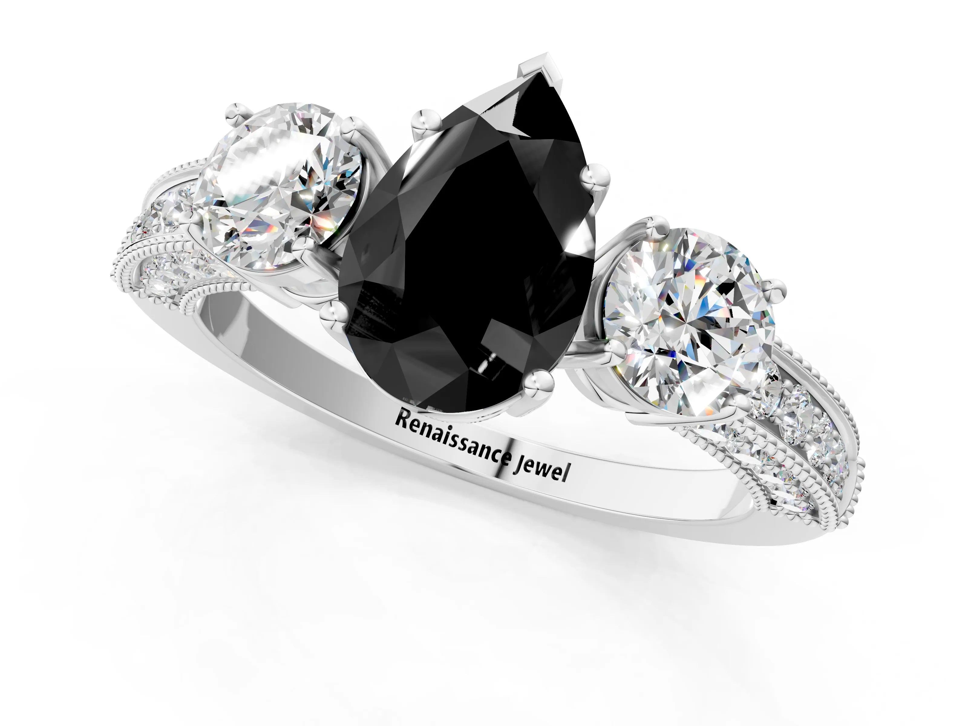 White gold Fancy Black Pear Cut Three-Stone Diamond Ring with Pavé Band and Four-Prong Setting_25