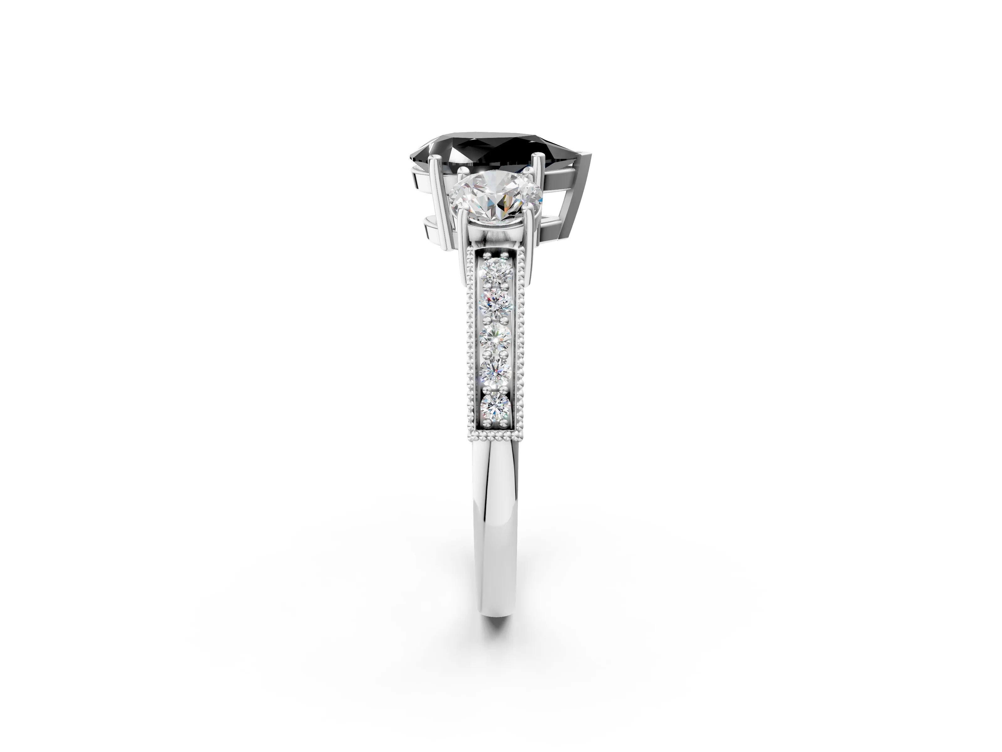 White gold Fancy Black Pear Cut Three-Stone Diamond Ring with Pavé Band and Four-Prong Setting_26