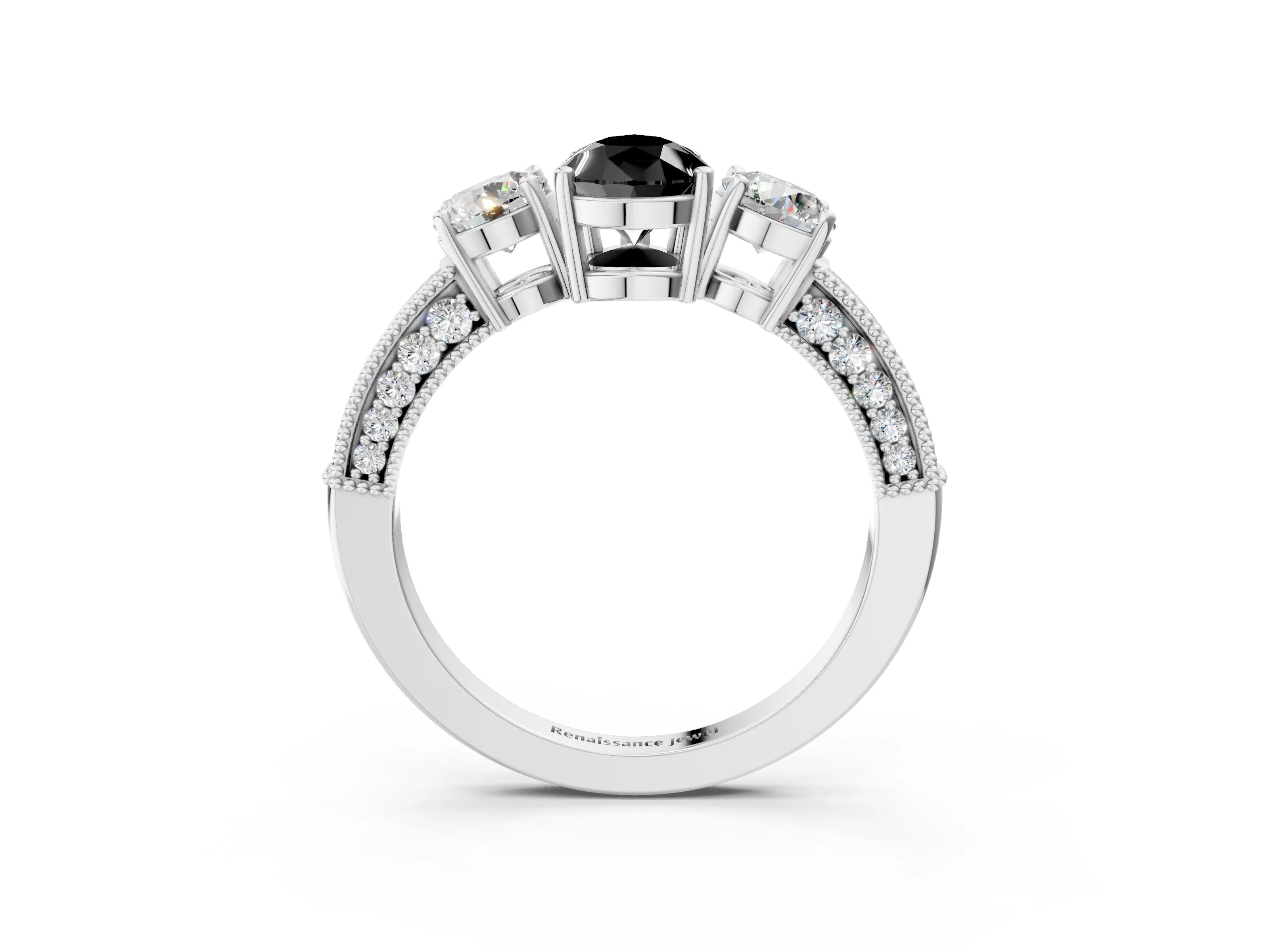 White gold Fancy Black Pear Cut Three-Stone Diamond Ring with Pavé Band and Four-Prong Setting_27