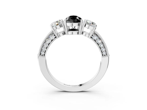 Platinum Pear-Shaped Graduated Three Stone Engagement Ring Setting for Black Center