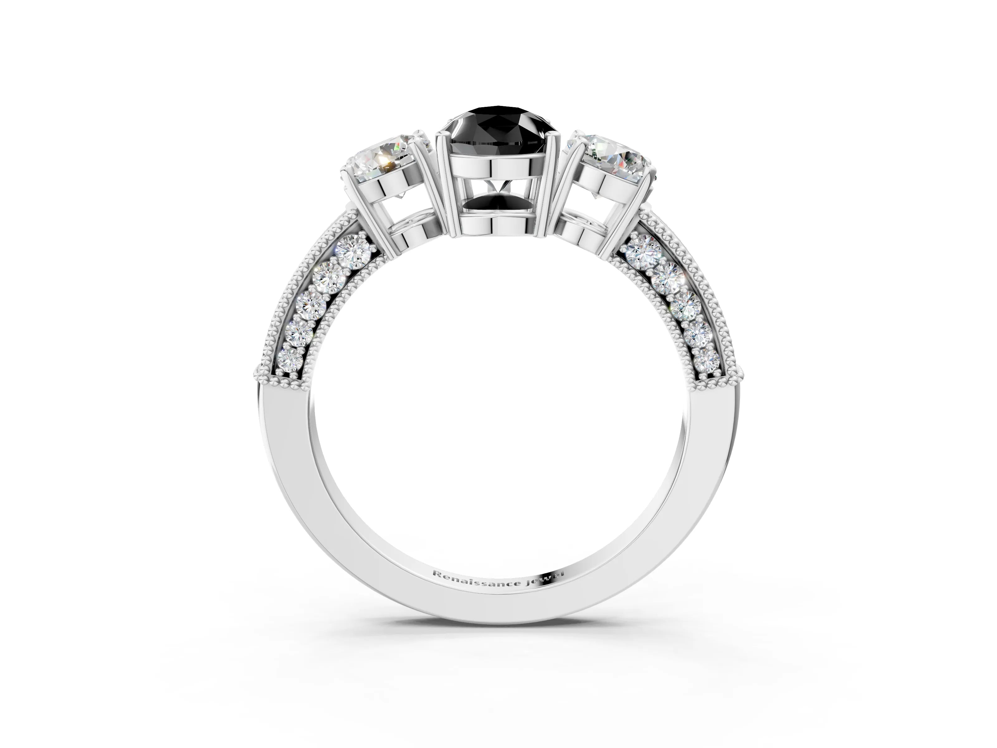 White gold Fancy Black Pear Cut Three-Stone Diamond Ring with Pavé Band and Four-Prong Setting_3