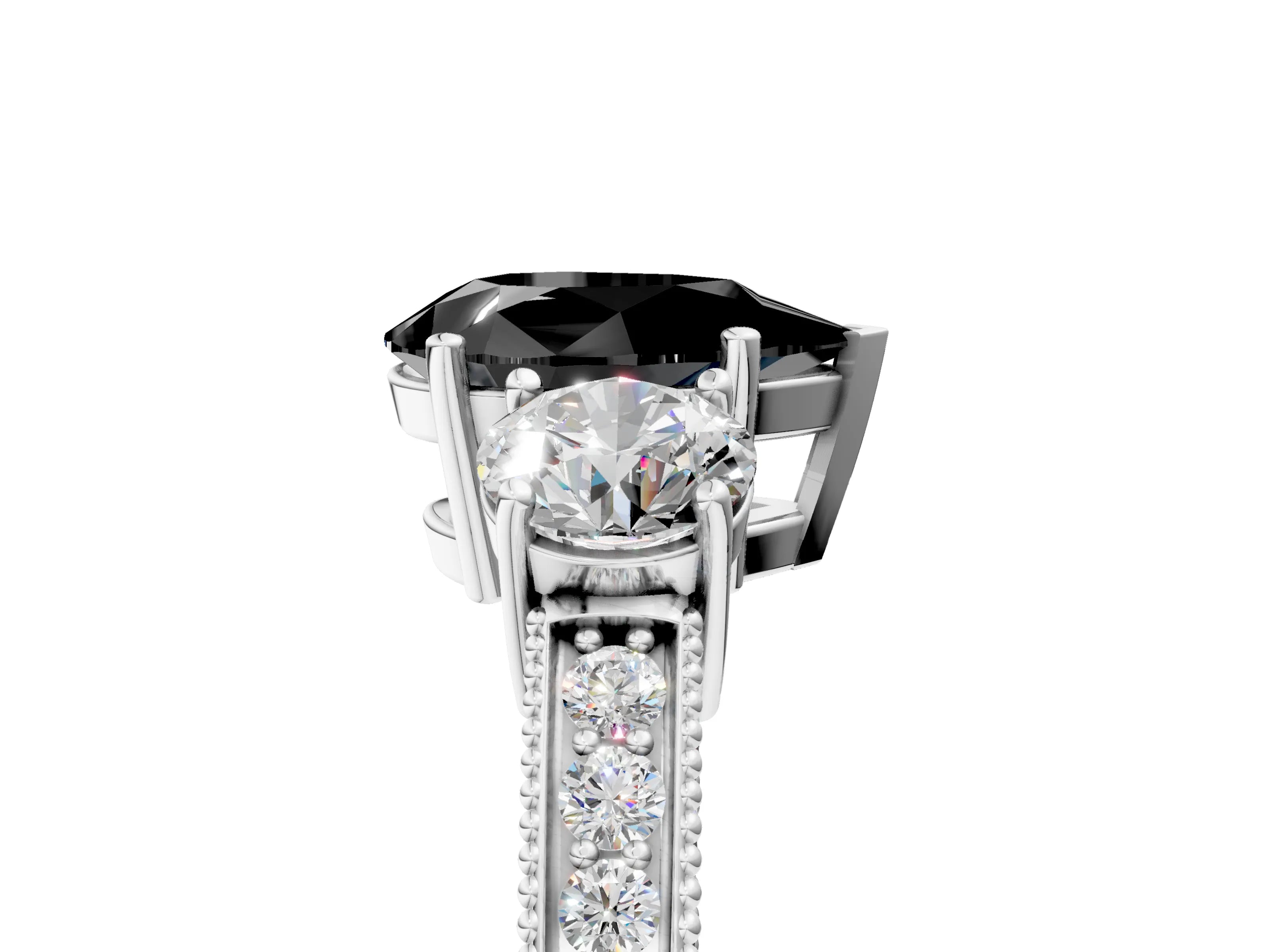 White gold Fancy Black Pear Cut Three-Stone Diamond Ring with Pavé Band and Four-Prong Setting_5