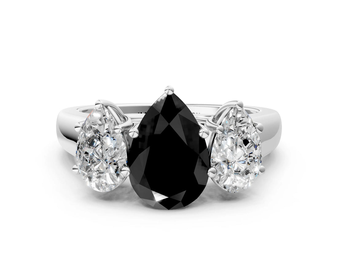 White gold Fancy Black Pear Cut Three-Stone Diamond Ring with Prong Setting on a Classic Band_6
