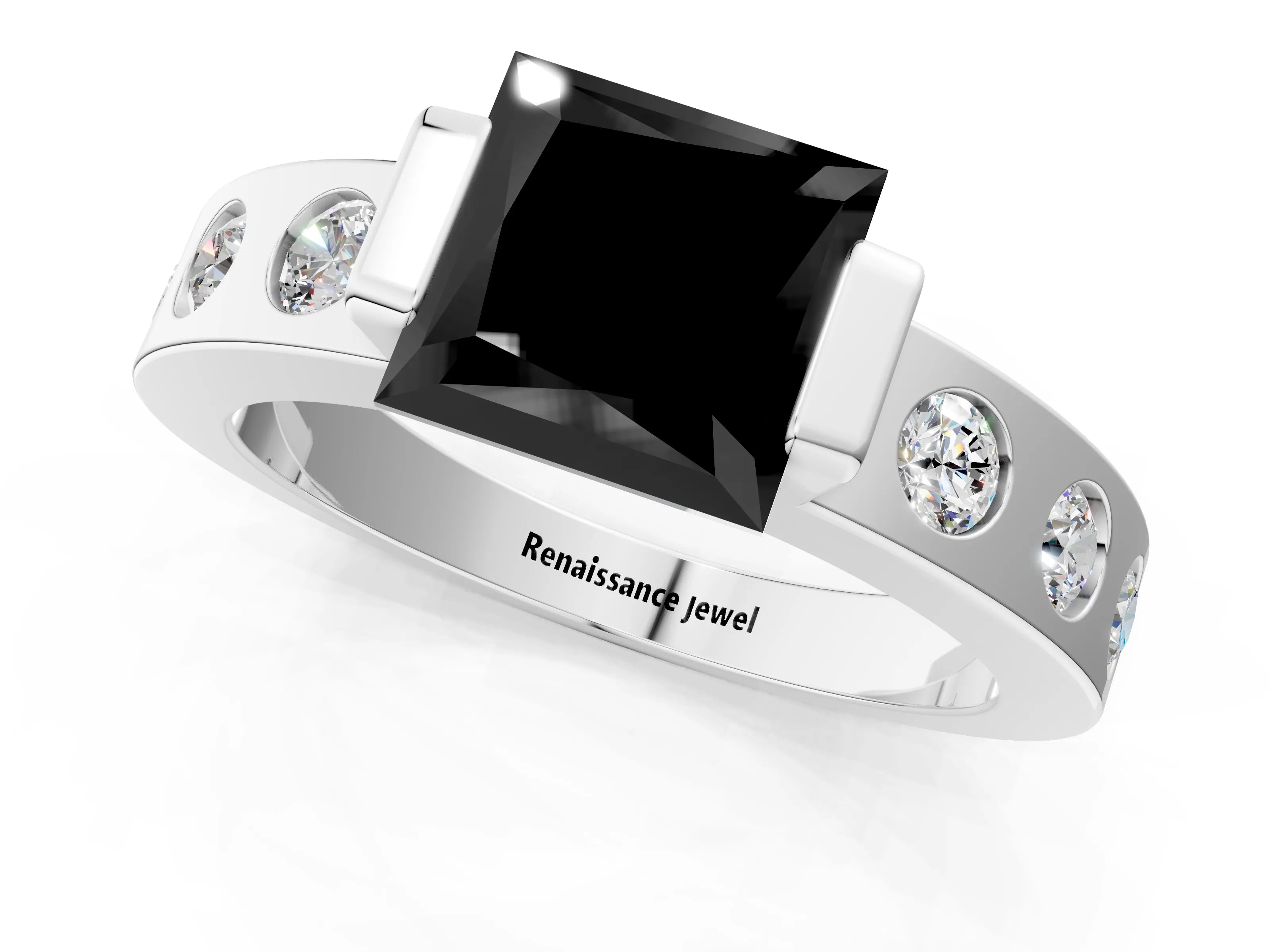 White gold Fancy Black Princess Cut Brilliant Channel-Set Diamond Ring with Bezel Prong Setting_1