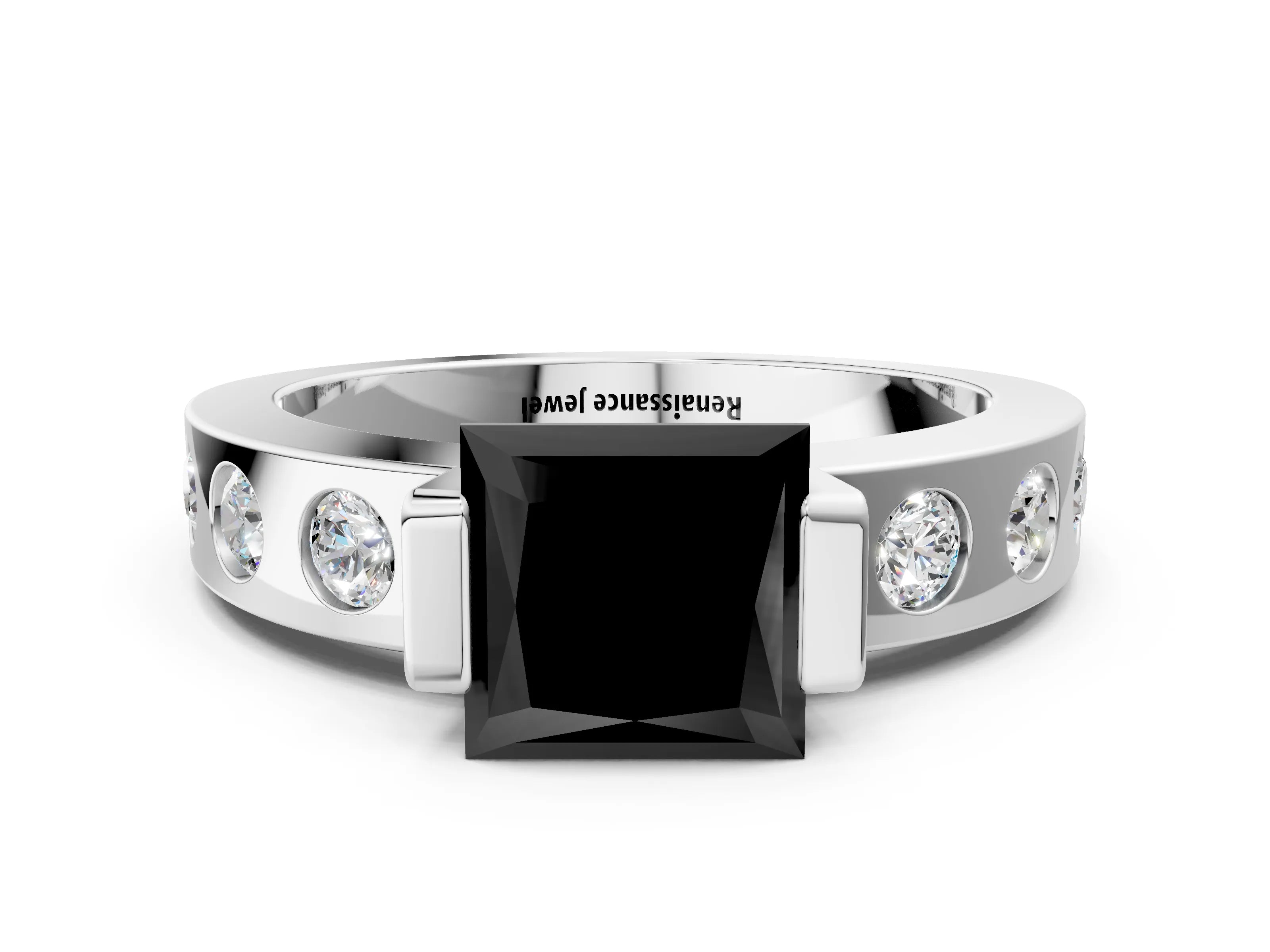 White gold Fancy Black Princess Cut Brilliant Channel-Set Diamond Ring with Bezel Prong Setting_12