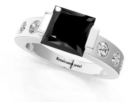 White gold Fancy Black Princess Cut Brilliant Channel-Set Diamond Ring with Bezel Prong Setting_13