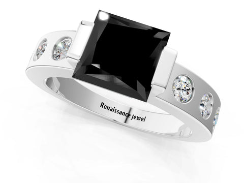 White gold Fancy Black Princess Cut Brilliant Channel-Set Diamond Ring with Bezel Prong Setting_1