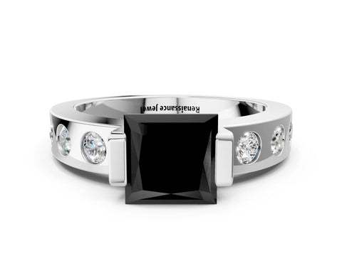 White gold Fancy Black Princess Cut Brilliant Channel-Set Diamond Ring with Bezel Prong Setting