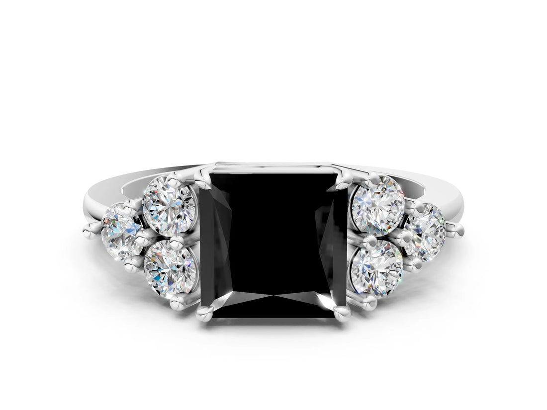 White gold Fancy Black Princess Cut Brilliant Diamond Cluster Accent Solitaire Ring with Prong Setting_12