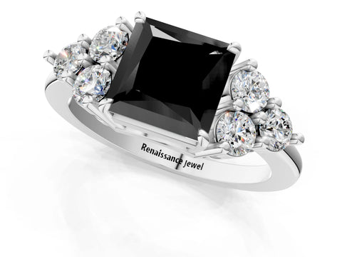 White gold Fancy Black Princess Cut Brilliant Diamond Cluster Accent Solitaire Ring with Prong Setting_13
