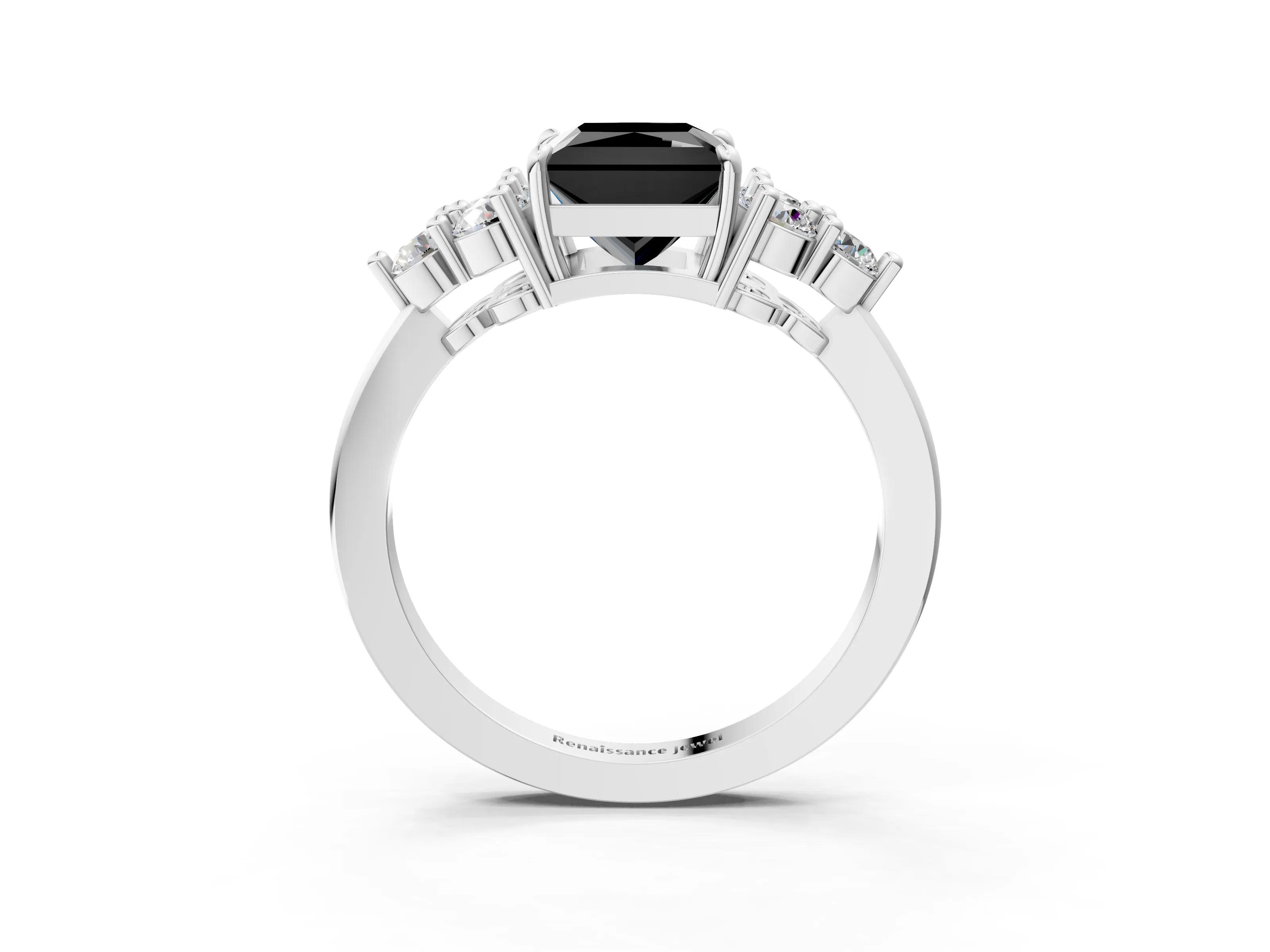 White gold Fancy Black Princess Cut Brilliant Diamond Cluster Accent Solitaire Ring with Prong Setting_15