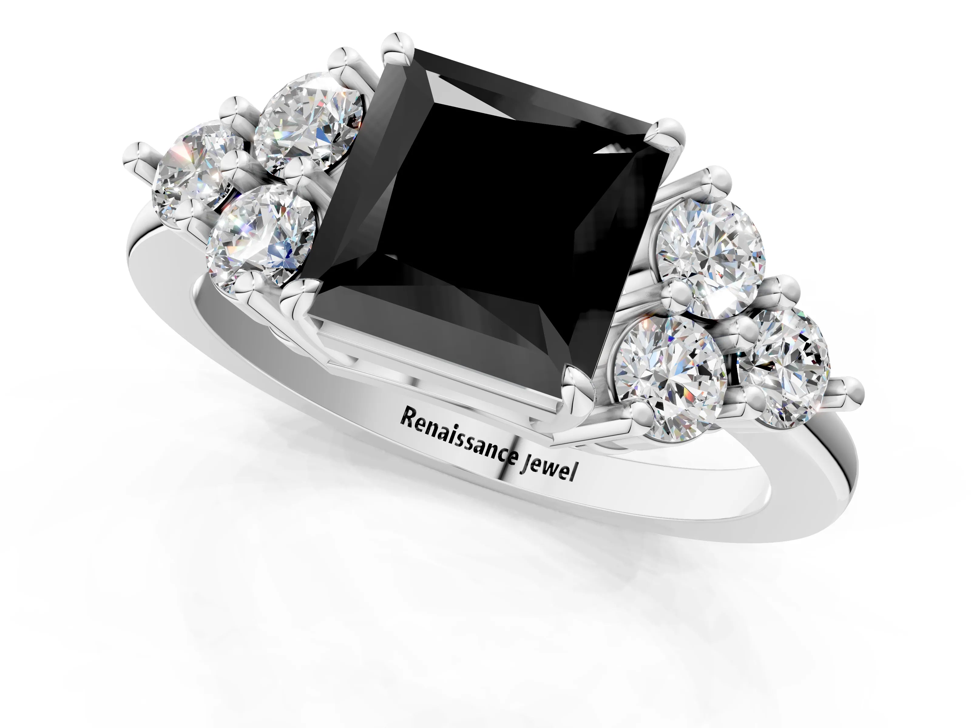 White gold Fancy Black Princess Cut Brilliant Diamond Cluster Accent Solitaire Ring with Prong Setting_1