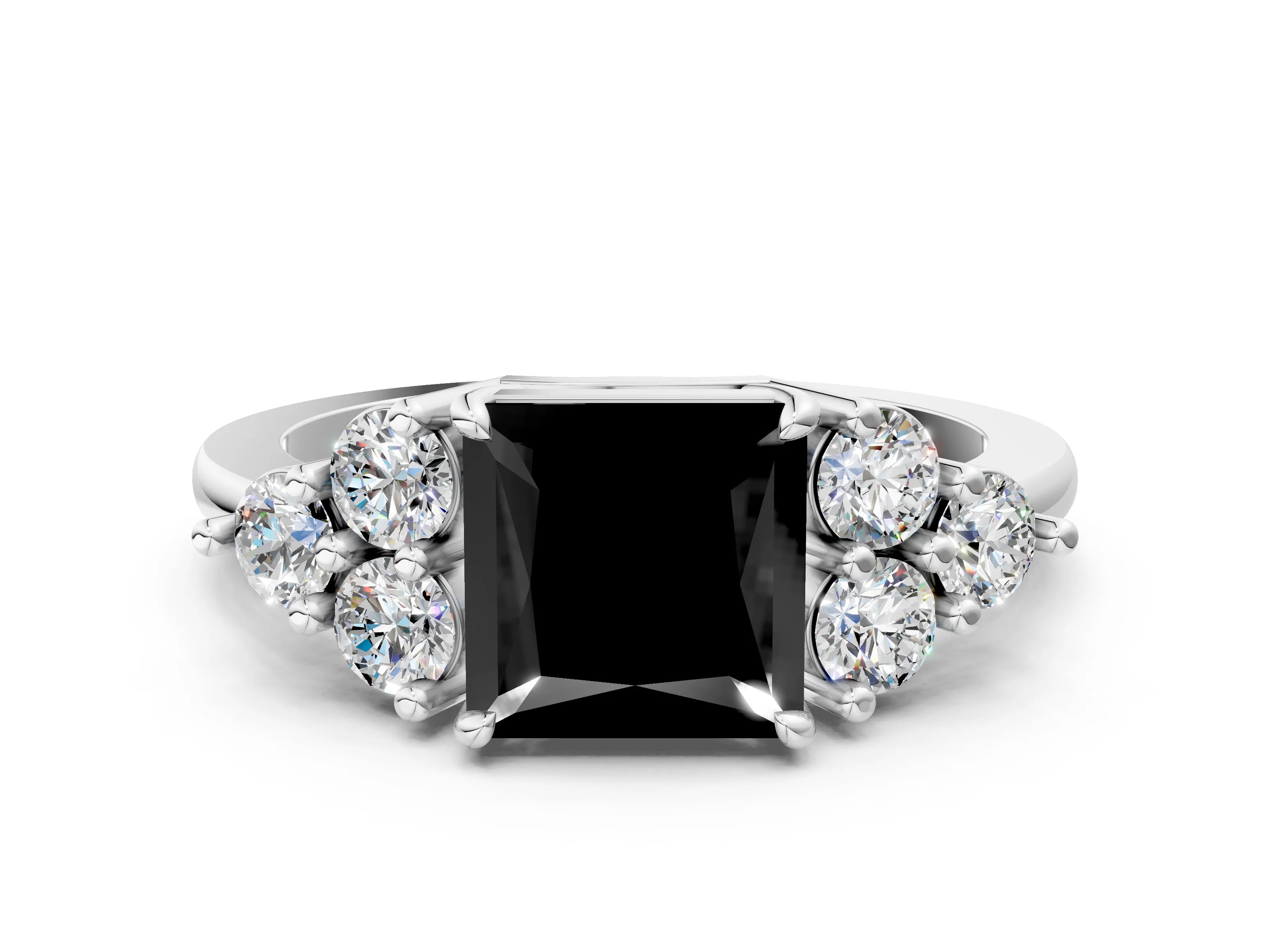 White gold Fancy Black Princess Cut Brilliant Diamond Cluster Accent Solitaire Ring with Prong Setting