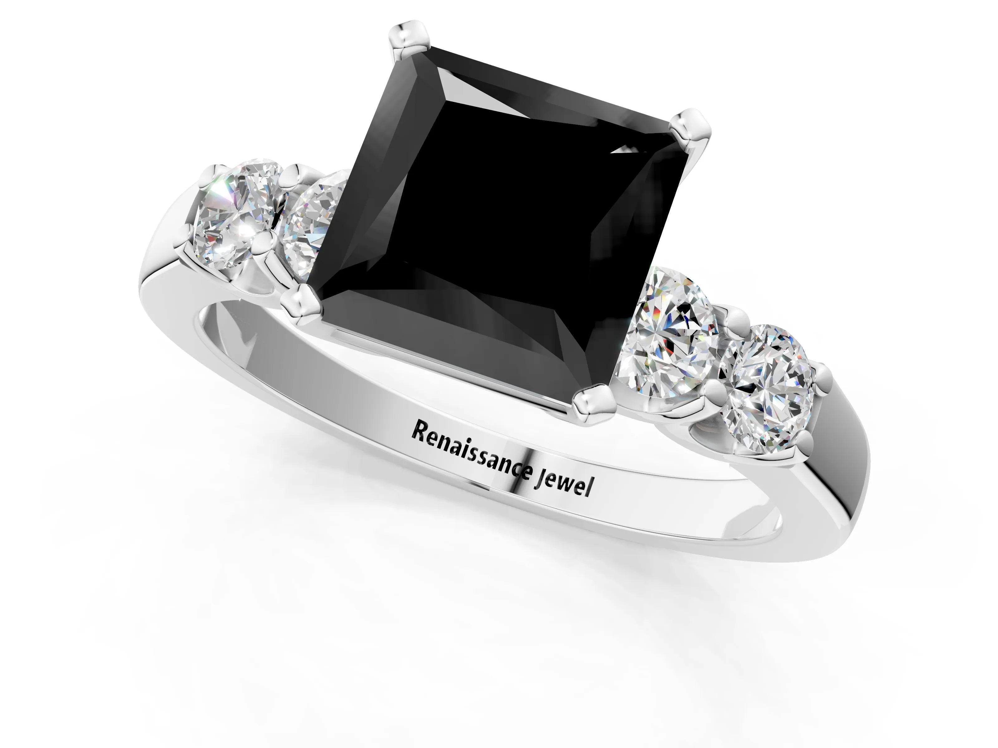 White gold Fancy Black Princess Cut Brilliant Diamond Five-Stone Engagement Ring with Prong Setting on a Classic Band_4