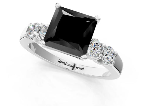 White gold Fancy Black Princess Cut Brilliant Diamond Five-Stone Engagement Ring with Prong Setting on a Classic Band_4
