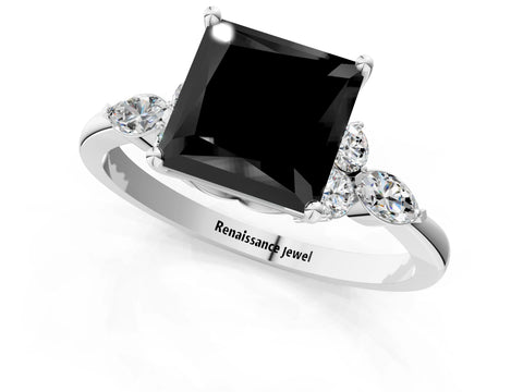 White gold Fancy Black Princess Cut Brilliant Diamond Solitaire Ring with Pear Side Stones and Four-Prong Setting_7