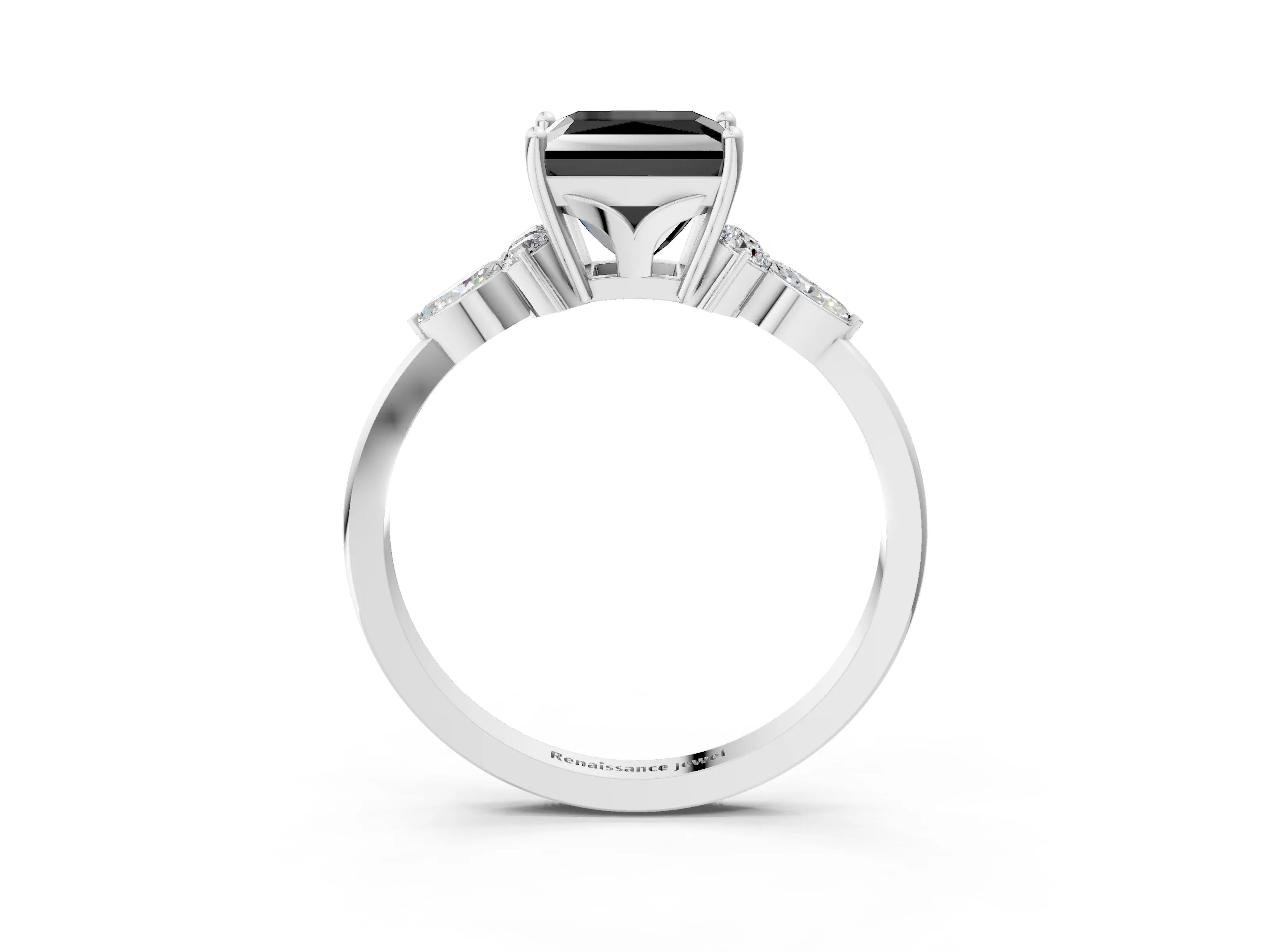 White gold Fancy Black Princess Cut Brilliant Diamond Solitaire Ring with Pear Side Stones and Four-Prong Setting_9