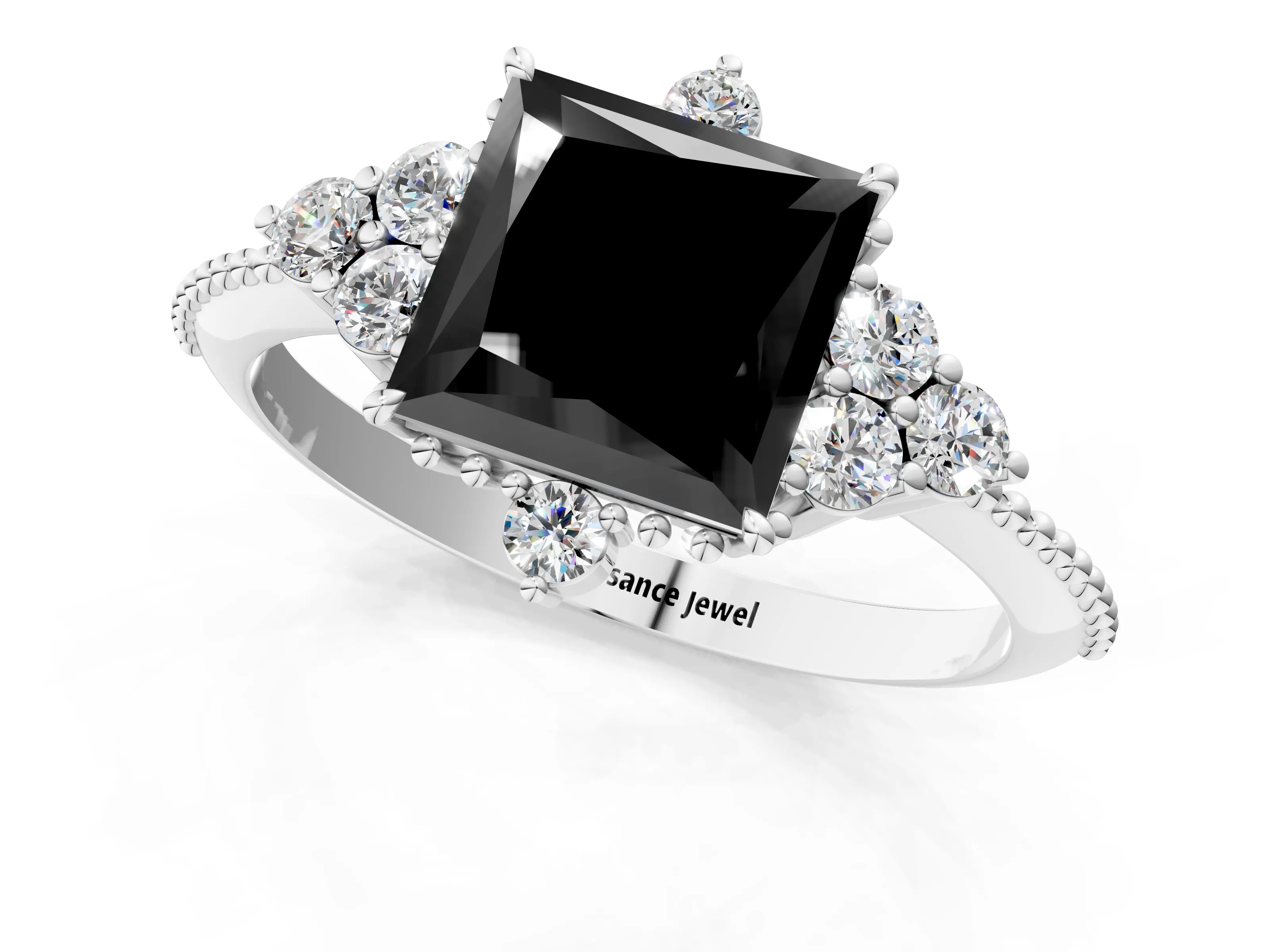 White gold Fancy Black Princess Cut Brilliant Diamond with Cluster Setting on a Beaded Band and Four-Prong Setting_1