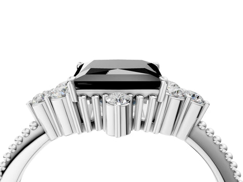 White gold Fancy Black Princess Cut Brilliant Diamond with Cluster Setting on a Beaded Band and Four-Prong Setting_16