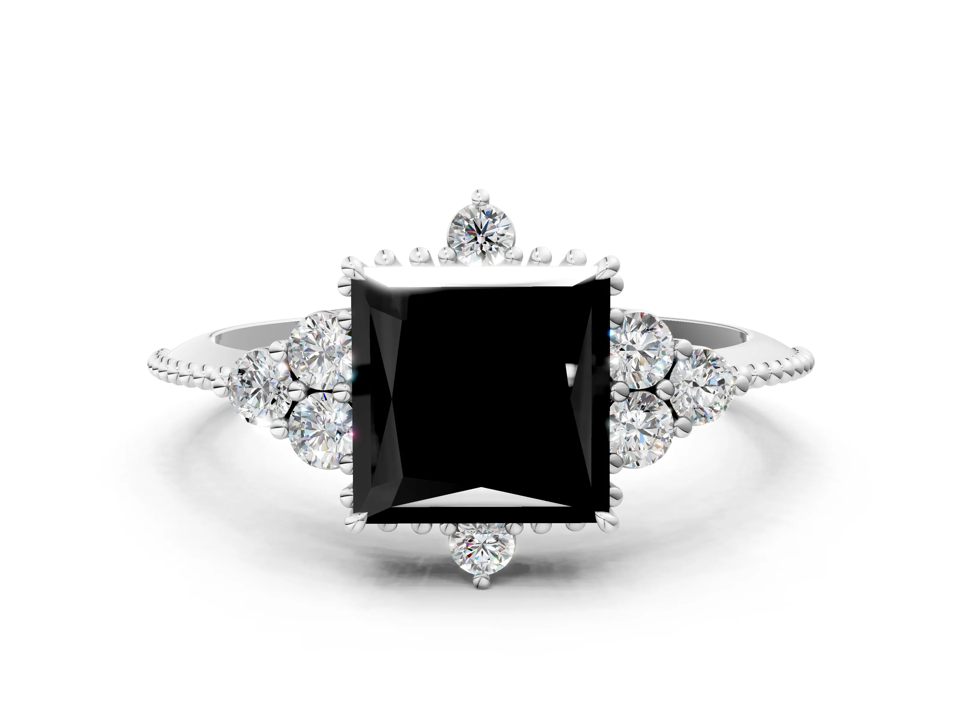White gold Fancy Black Princess Cut Brilliant Diamond with Cluster Setting on a Beaded Band and Four-Prong Setting