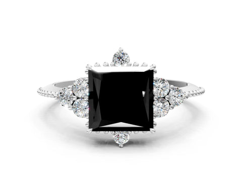 White gold Fancy Black Princess Cut Brilliant Diamond with Cluster Setting on a Beaded Band and Four-Prong Setting