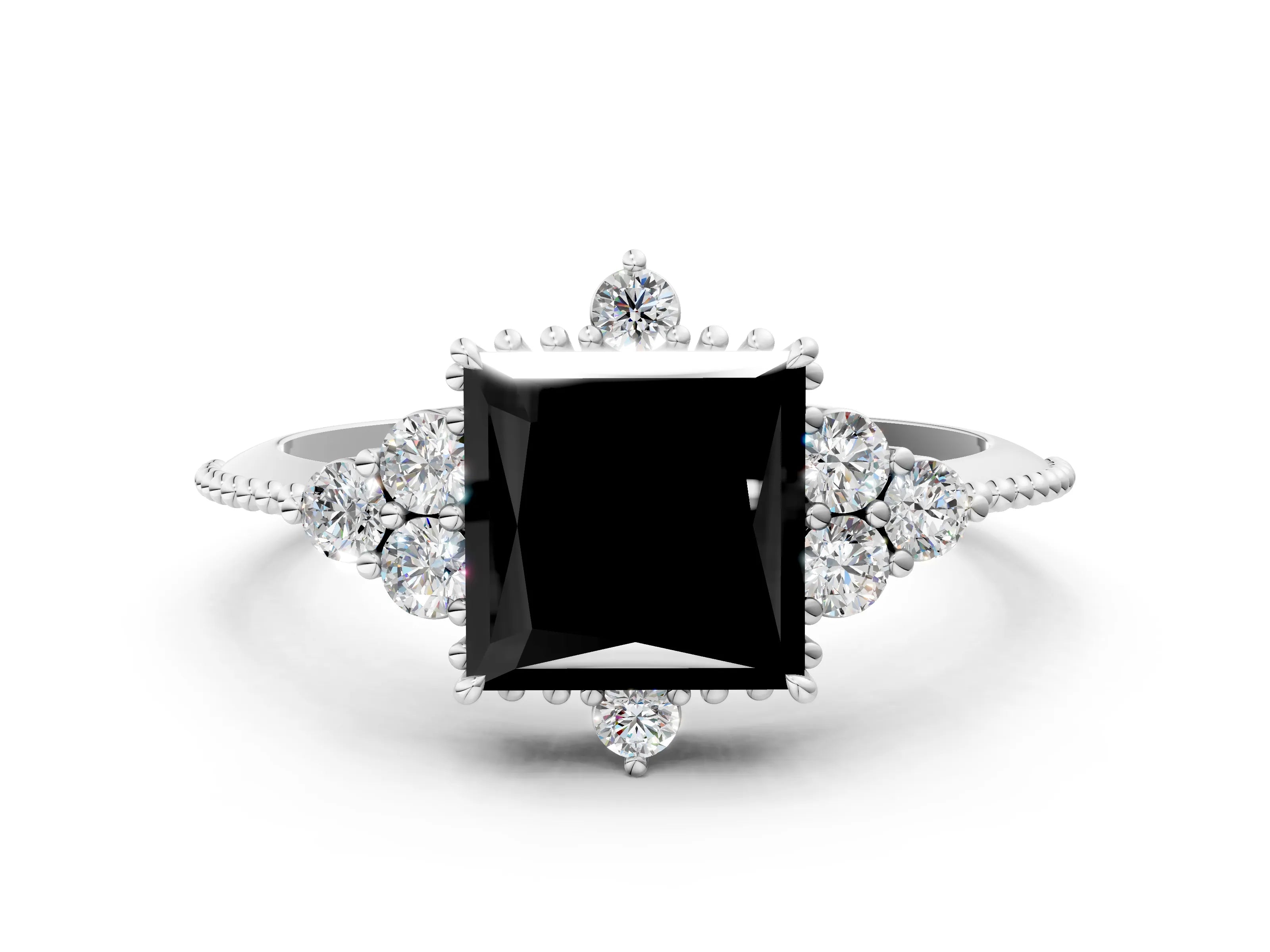 White gold Fancy Black Princess Cut Brilliant Diamond with Cluster Setting on a Beaded Band and Four-Prong Setting_18