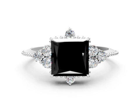 White gold Fancy Black Princess Cut Brilliant Diamond with Cluster Setting on a Beaded Band and Four-Prong Setting_18