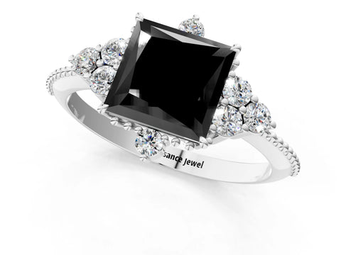 White gold Fancy Black Princess Cut Brilliant Diamond with Cluster Setting on a Beaded Band and Four-Prong Setting_19