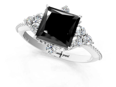 White gold Fancy Black Princess Cut Brilliant Diamond with Cluster Setting on a Beaded Band and Four-Prong Setting_1