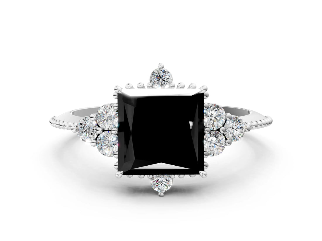 White gold Fancy Black Princess Cut Brilliant Diamond with Cluster Setting on a Beaded Band and Four-Prong Setting_24