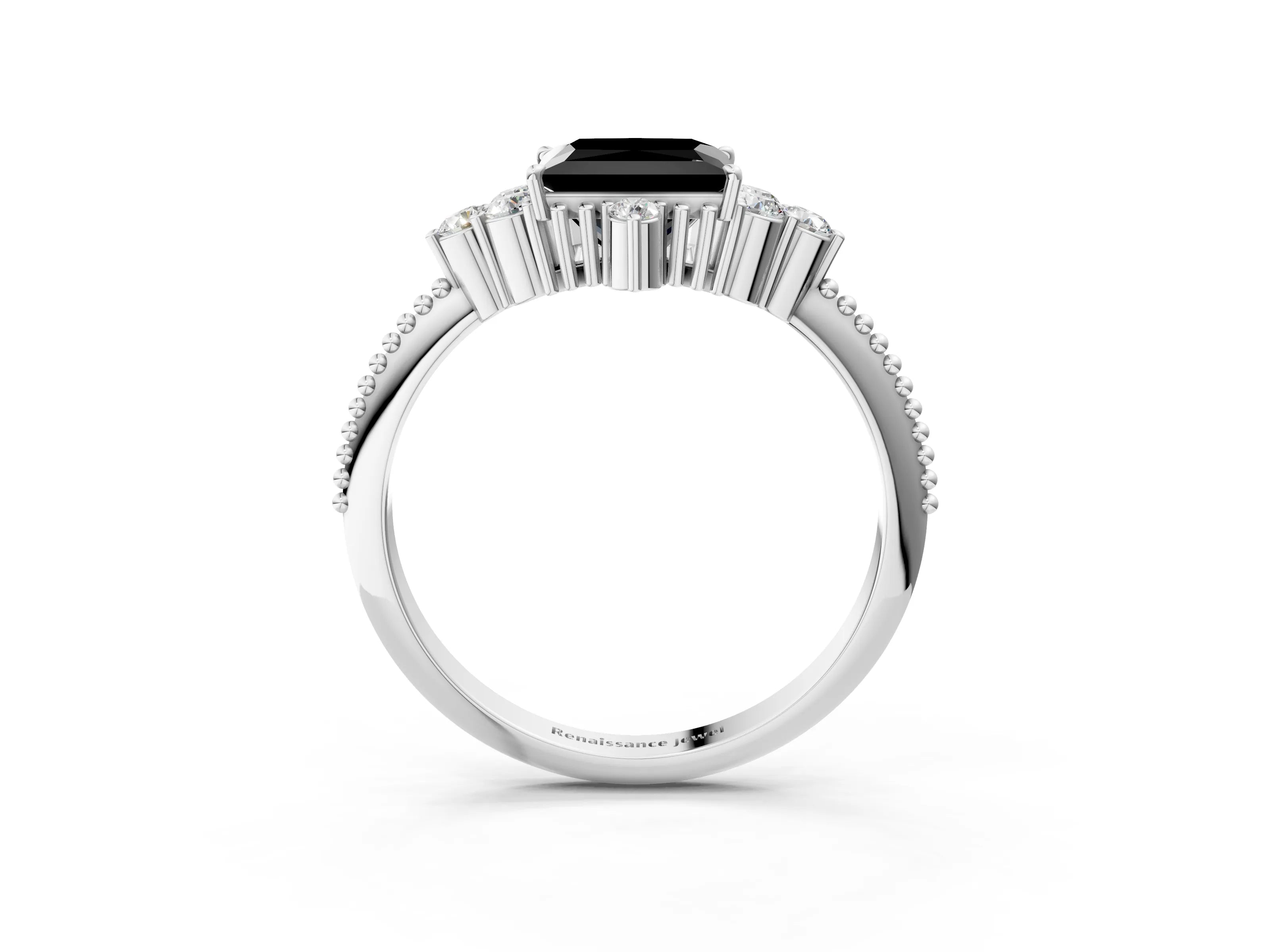 White gold Fancy Black Princess Cut Brilliant Diamond with Cluster Setting on a Beaded Band and Four-Prong Setting_3