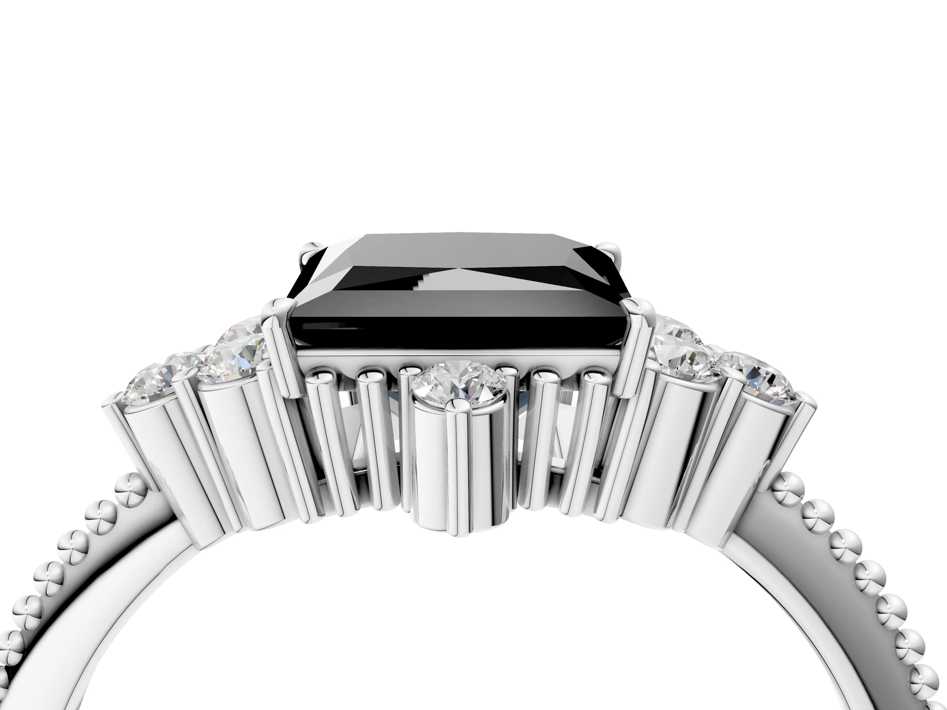 White gold Fancy Black Princess Cut Brilliant Diamond with Cluster Setting on a Beaded Band and Four-Prong Setting_4