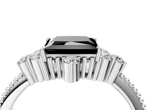 White gold Fancy Black Princess Cut Brilliant Diamond with Cluster Setting on a Beaded Band and Four-Prong Setting_4