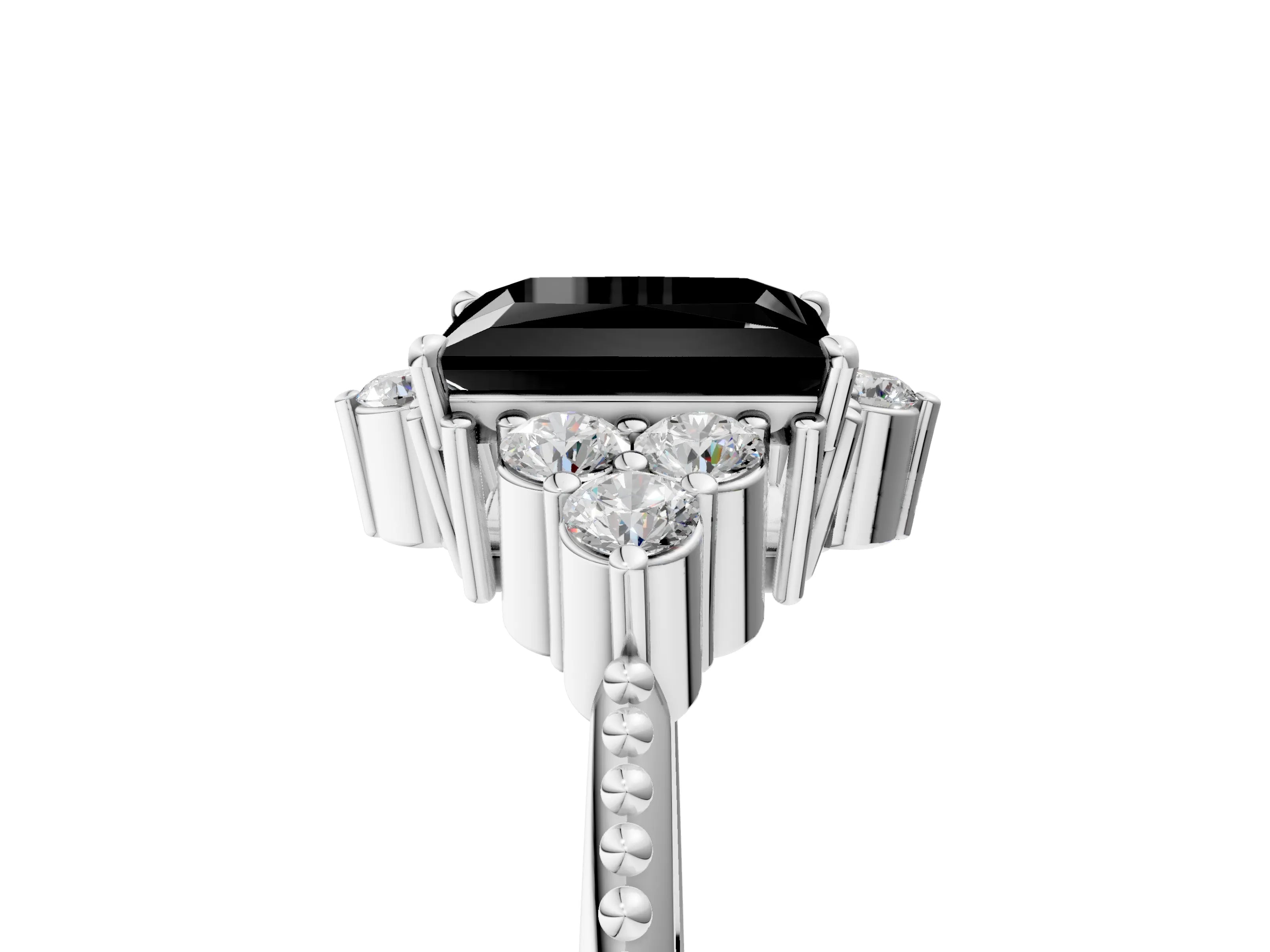 White gold Fancy Black Princess Cut Brilliant Diamond with Cluster Setting on a Beaded Band and Four-Prong Setting_5
