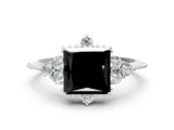 White gold Fancy Black Princess Cut Brilliant Diamond with Cluster Setting on a Beaded Band and Four-Prong Setting