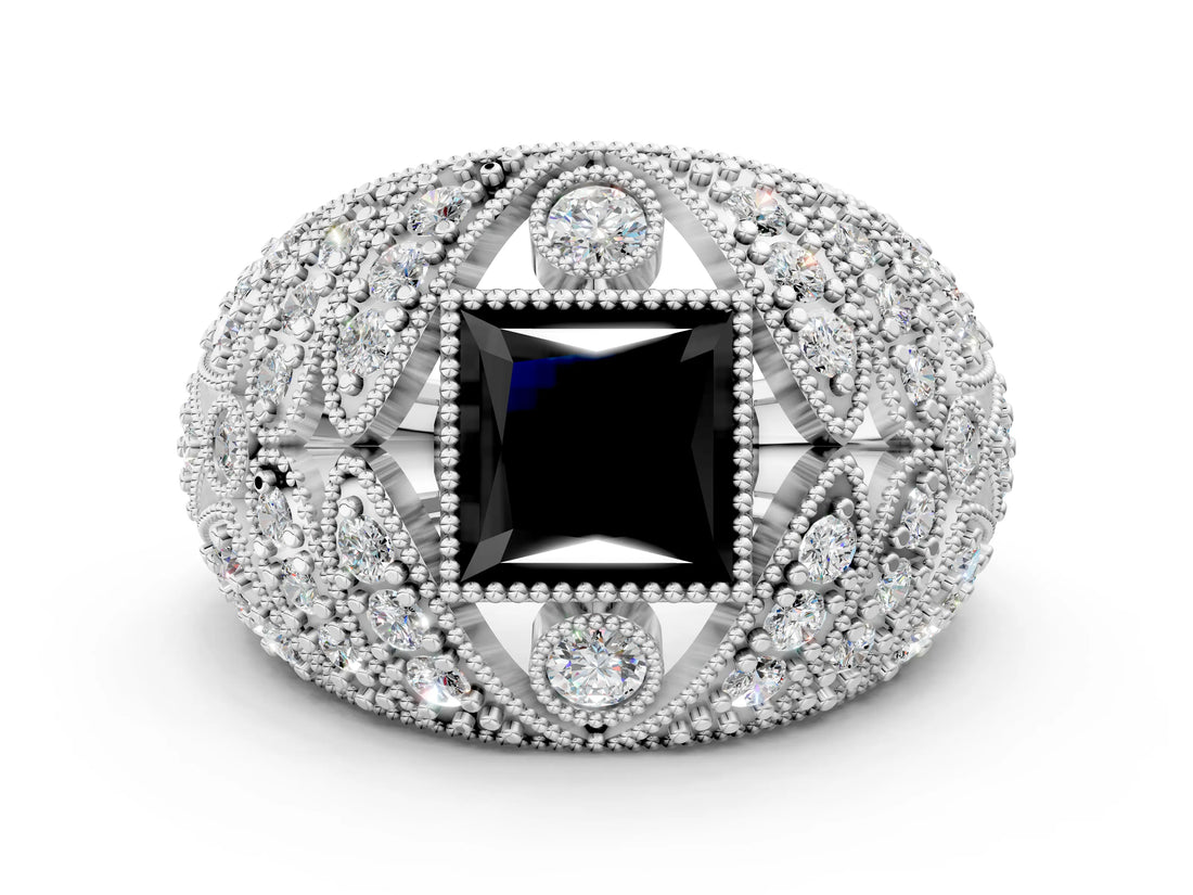 White gold Fancy Black Princess Cut Brilliant Halo Pave Diamond Milgrain Ring