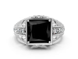 White gold Fancy Black Princess Cut Brilliant Milgrain Filigree Diamond Ring with Square Prong Setting
