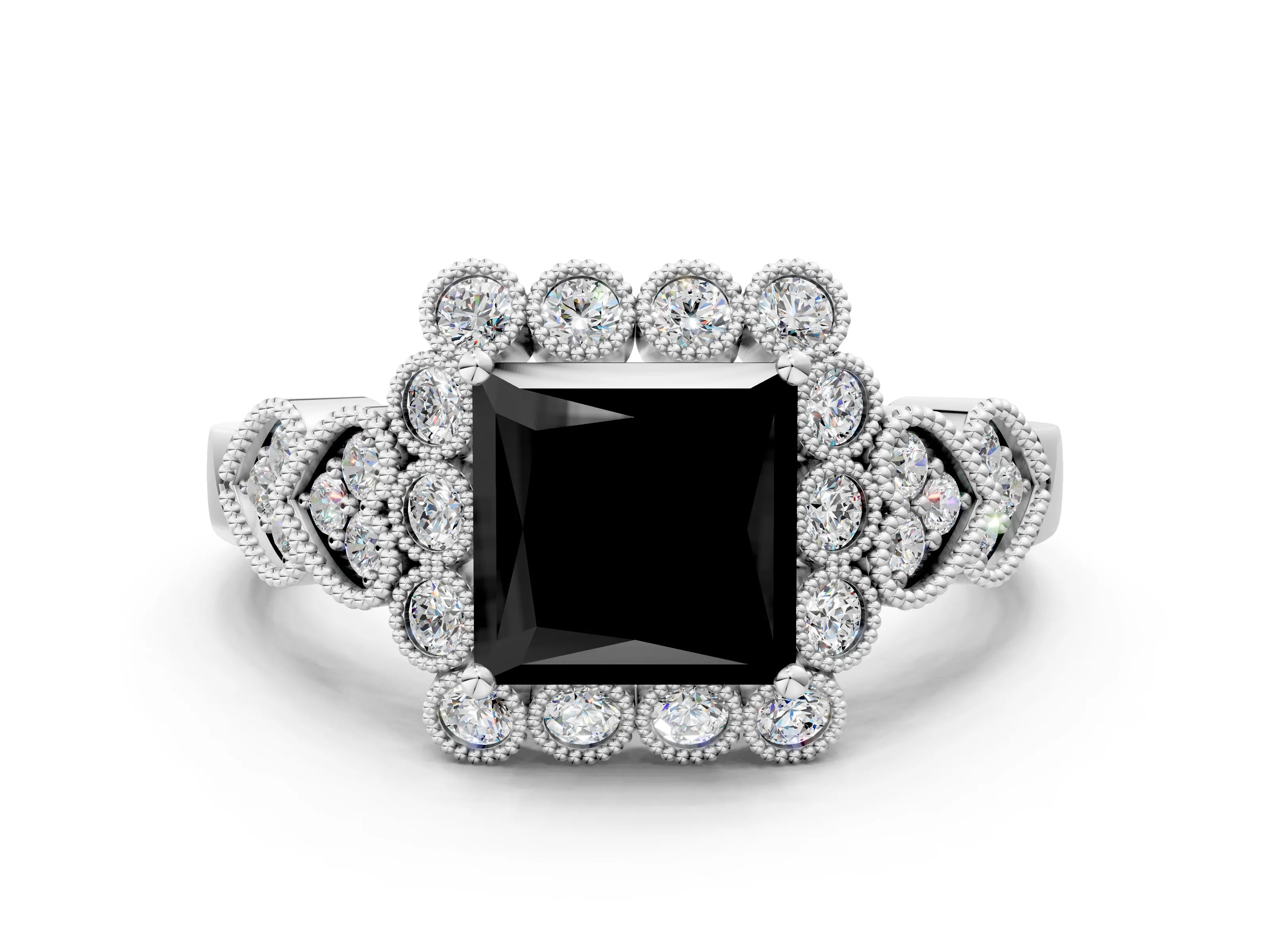 White gold Fancy Black Princess Cut Brilliant Milgrain Pave Heart Band Solitaire Ring_12