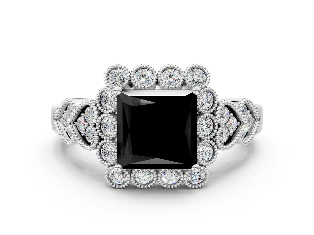 White gold Fancy Black Princess Cut Brilliant Milgrain Pave Heart Band Solitaire Ring_12
